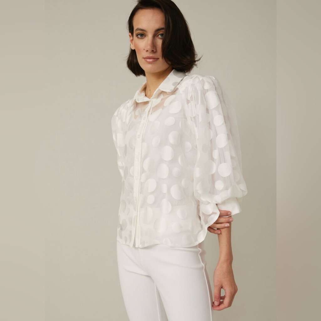 Joseph Ribkoff 221305 Polka Dot Sheer Blouse White Size 6/M